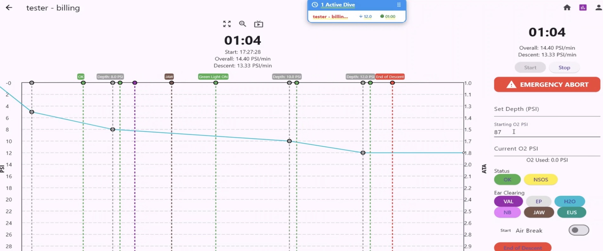 HBOT Dive Master live dive tracking graph
